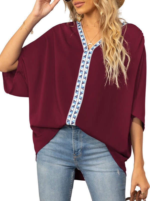 Blue Zone Planet | Dolman Sleeve Chiffon V-Neck Short Sleeve Shirt Shirt BLUE ZONE PLANET