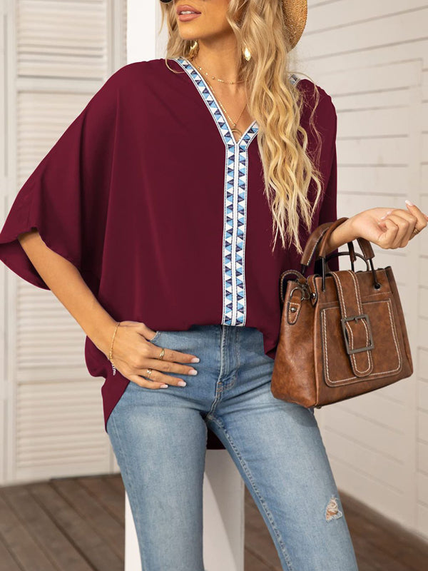 Blue Zone Planet | Dolman Sleeve Chiffon V-Neck Short Sleeve Shirt Shirt BLUE ZONE PLANET