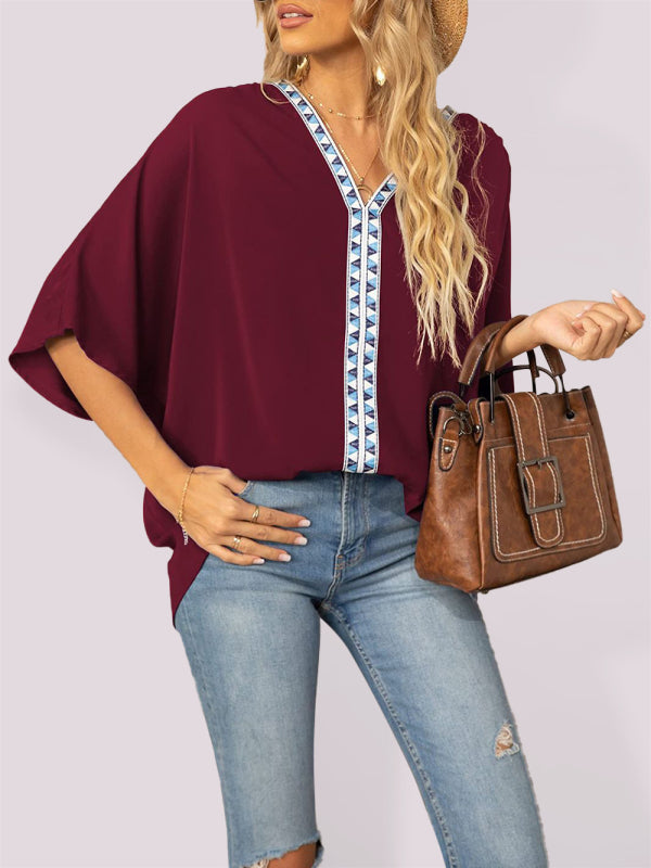 Blue Zone Planet | Dolman Sleeve Chiffon V-Neck Short Sleeve Shirt Shirt BLUE ZONE PLANET