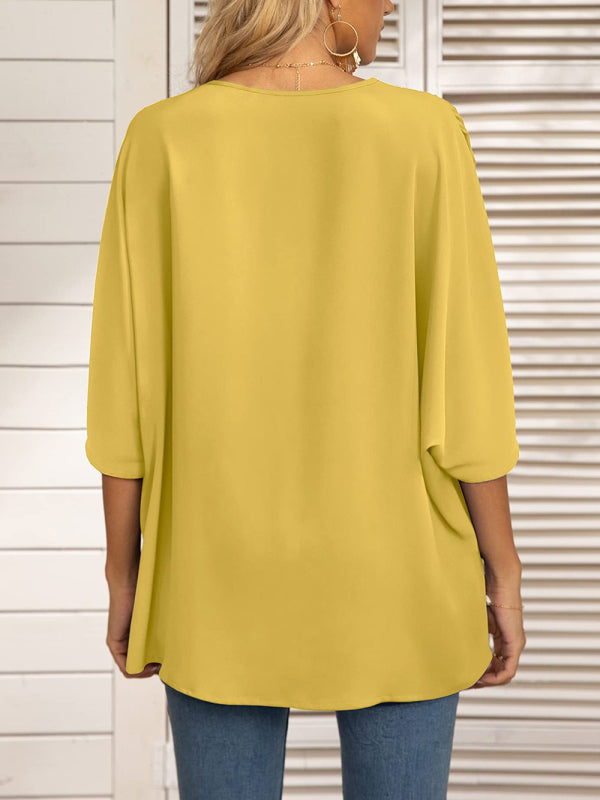Blue Zone Planet | Dolman Sleeve Chiffon V-Neck Short Sleeve Shirt Shirt BLUE ZONE PLANET