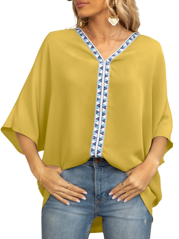 Blue Zone Planet | Dolman Sleeve Chiffon V-Neck Short Sleeve Shirt Shirt BLUE ZONE PLANET