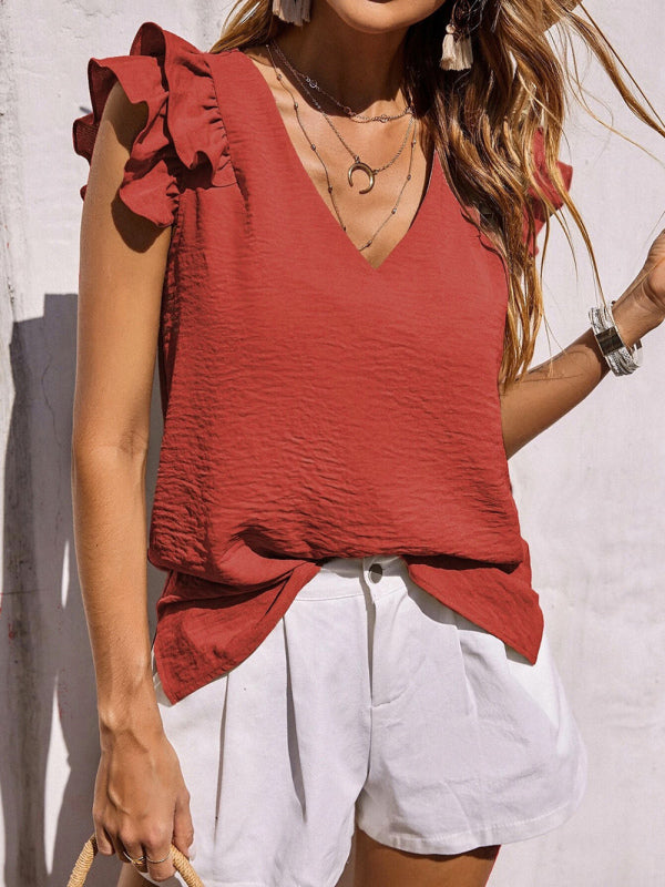Blue Zone Planet | Women's Casual V Neck Ruffle Tank Top Summer Sleeveless Shirt BLUE ZONE PLANET