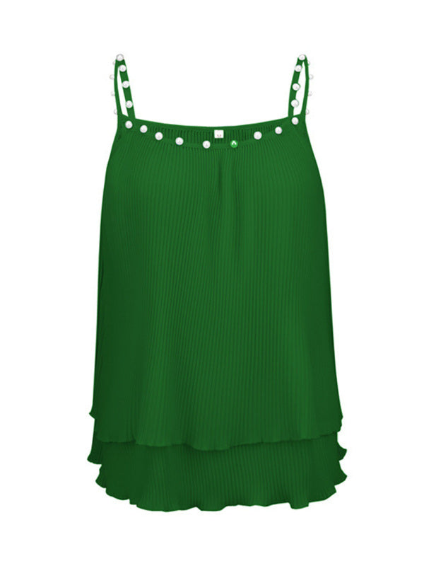 Blue Zone Planet | Chiffon Pleated Pearl Camisole Top BLUE ZONE PLANET
