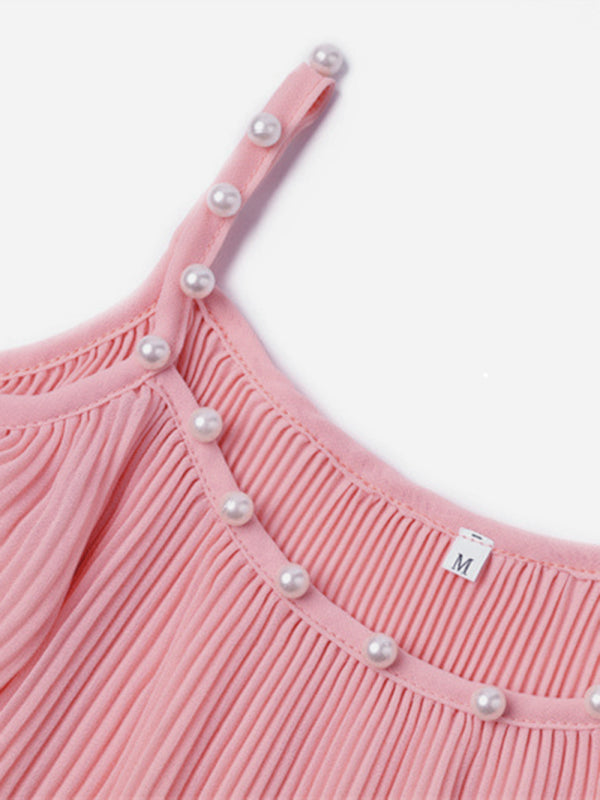 Blue Zone Planet | Chiffon Pleated Pearl Camisole Top BLUE ZONE PLANET