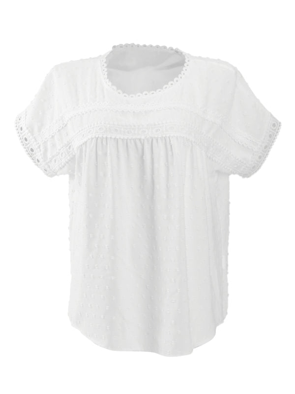 Blue Zone Planet | Women's new round neck pullover short sleeve lace top BLUE ZONE PLANET