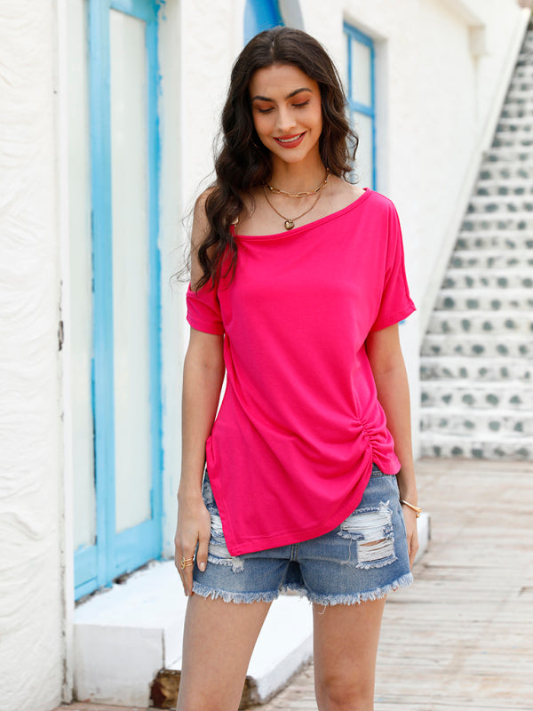 Blue Zone Planet | New temperament one-shoulder button short-sleeved T-shirt top BLUE ZONE PLANET