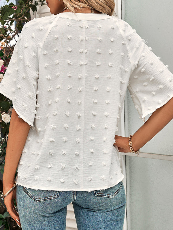 Blue Zone Planet | Women's casual style V-neck solid color pom pom top for women BLUE ZONE PLANET