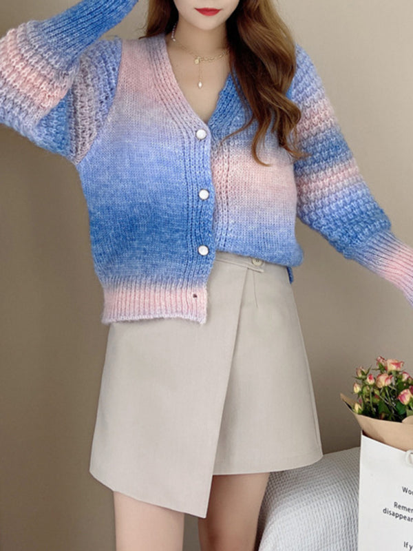 Blue Zone Planet | Rainbow Gradient Color Sweater Loose Lazy Long-sleeved V-neck Knit Cardigan BLUE ZONE PLANET