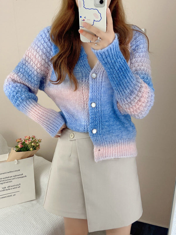 Blue Zone Planet | Rainbow Gradient Color Sweater Loose Lazy Long-sleeved V-neck Knit Cardigan BLUE ZONE PLANET
