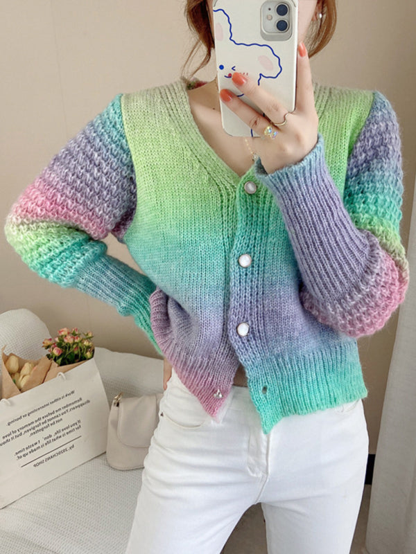 Blue Zone Planet | Rainbow Gradient Color Sweater Loose Lazy Long-sleeved V-neck Knit Cardigan BLUE ZONE PLANET