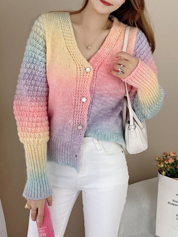 Blue Zone Planet | Rainbow Gradient Color Sweater Loose Lazy Long-sleeved V-neck Knit Cardigan BLUE ZONE PLANET