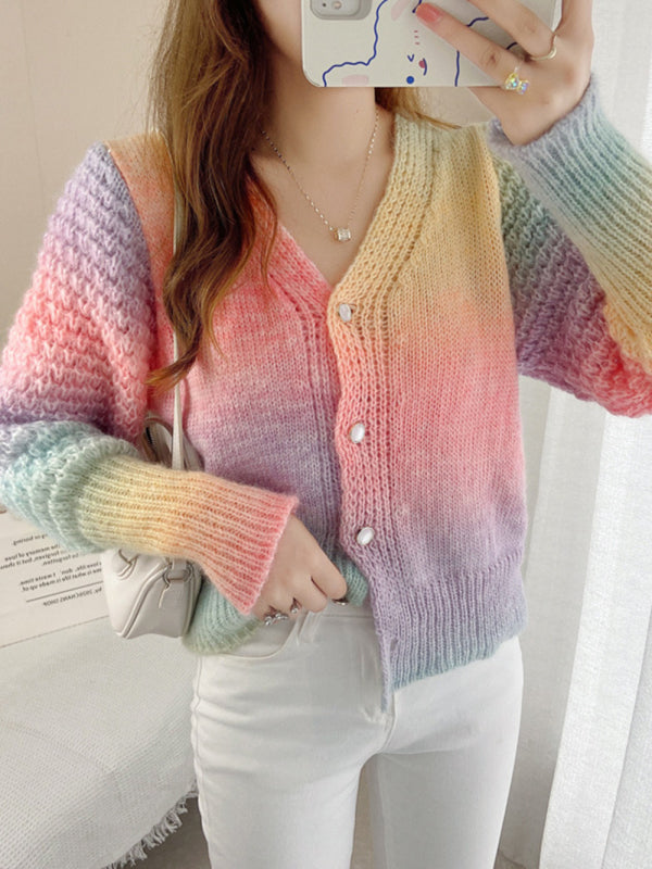 Blue Zone Planet | Rainbow Gradient Color Sweater Loose Lazy Long-sleeved V-neck Knit Cardigan BLUE ZONE PLANET