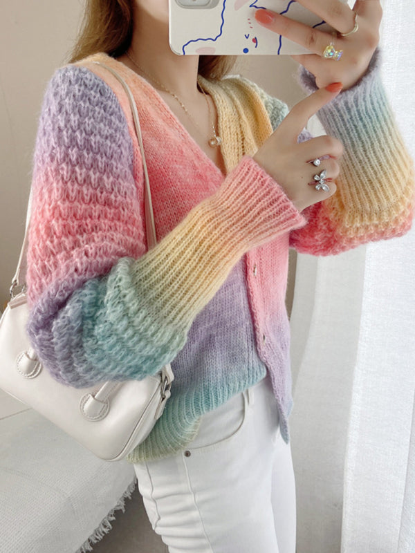 Blue Zone Planet | Rainbow Gradient Color Sweater Loose Lazy Long-sleeved V-neck Knit Cardigan BLUE ZONE PLANET