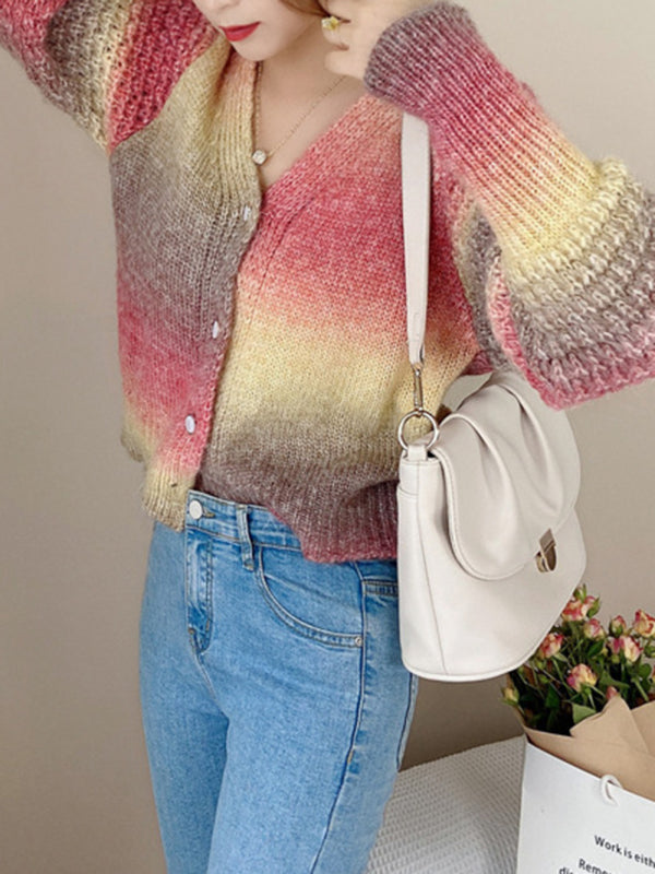 Blue Zone Planet | Rainbow Gradient Color Sweater Loose Lazy Long-sleeved V-neck Knit Cardigan BLUE ZONE PLANET