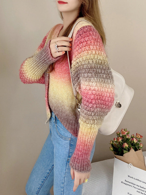 Blue Zone Planet | Rainbow Gradient Color Sweater Loose Lazy Long-sleeved V-neck Knit Cardigan BLUE ZONE PLANET