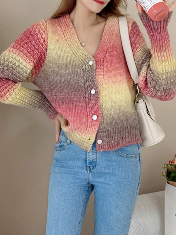 Blue Zone Planet | Rainbow Gradient Color Sweater Loose Lazy Long-sleeved V-neck Knit Cardigan BLUE ZONE PLANET