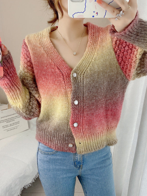 Blue Zone Planet | Rainbow Gradient Color Sweater Loose Lazy Long-sleeved V-neck Knit Cardigan BLUE ZONE PLANET