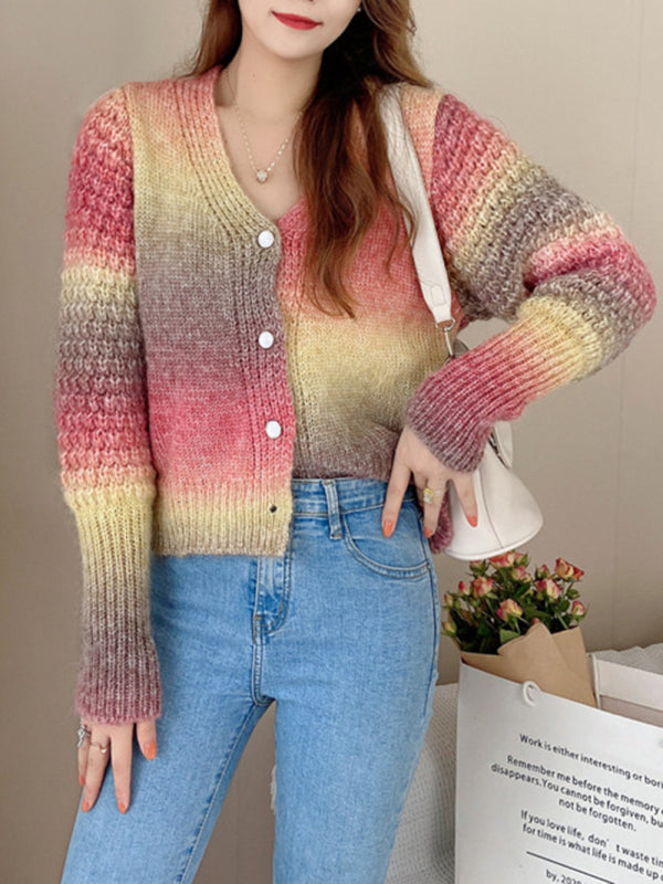 Blue Zone Planet | Rainbow Gradient Color Sweater Loose Lazy Long-sleeved V-neck Knit Cardigan BLUE ZONE PLANET