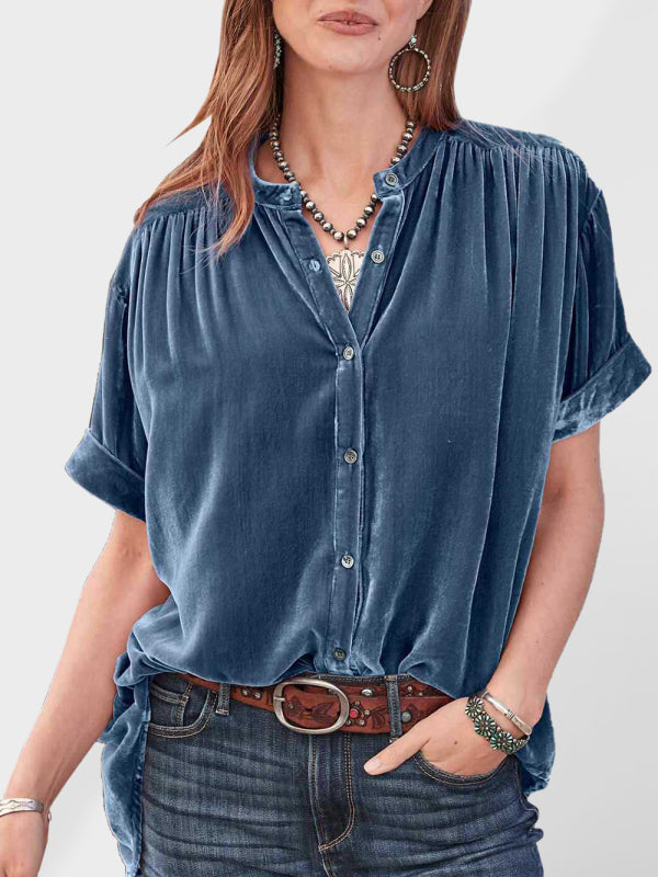 Blue Zone Planet | Gold velvet solid color short-sleeved round neck shirt shirt BLUE ZONE PLANET