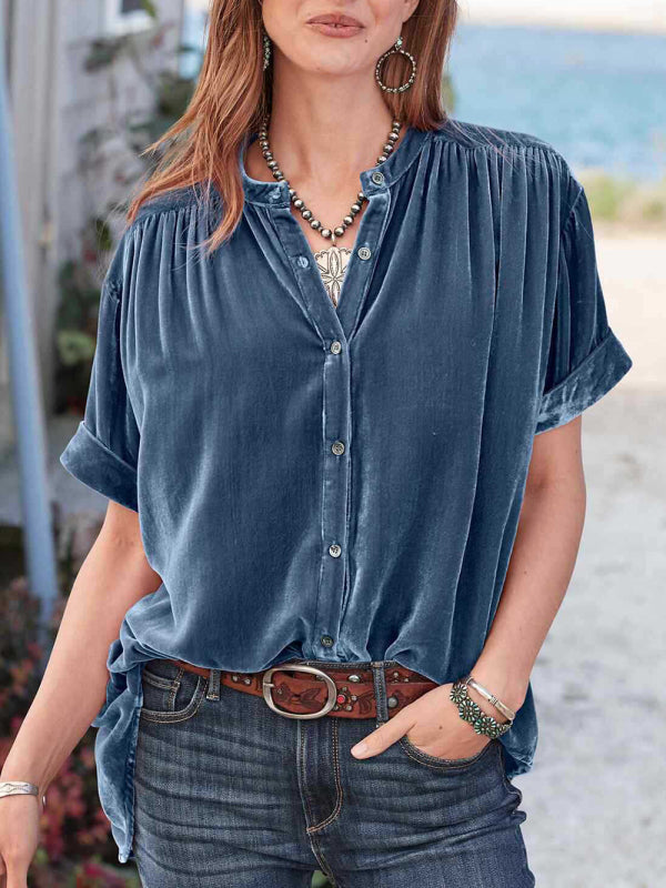 Blue Zone Planet | Gold velvet solid color short-sleeved round neck shirt shirt BLUE ZONE PLANET