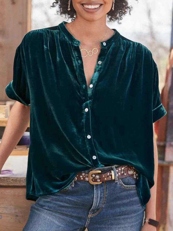 Blue Zone Planet | Gold velvet solid color short-sleeved round neck shirt shirt BLUE ZONE PLANET