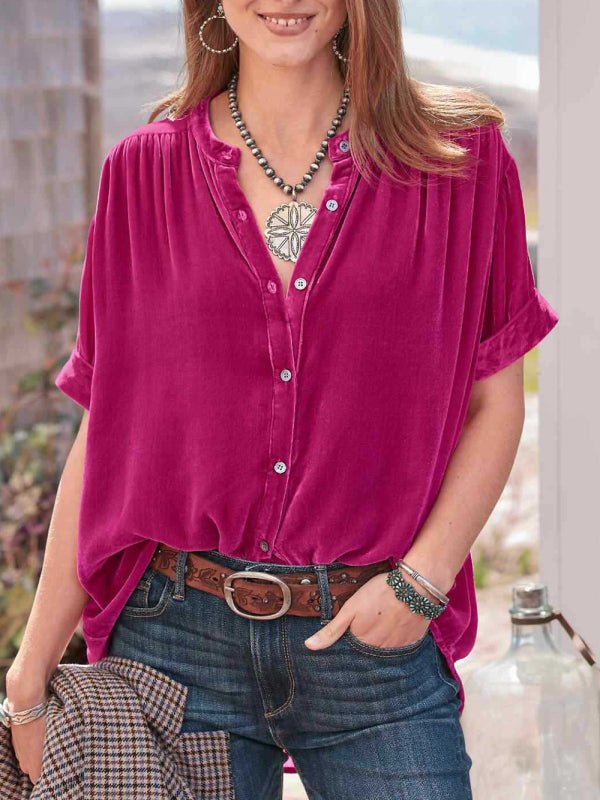 Blue Zone Planet | Gold velvet solid color short-sleeved round neck shirt shirt BLUE ZONE PLANET
