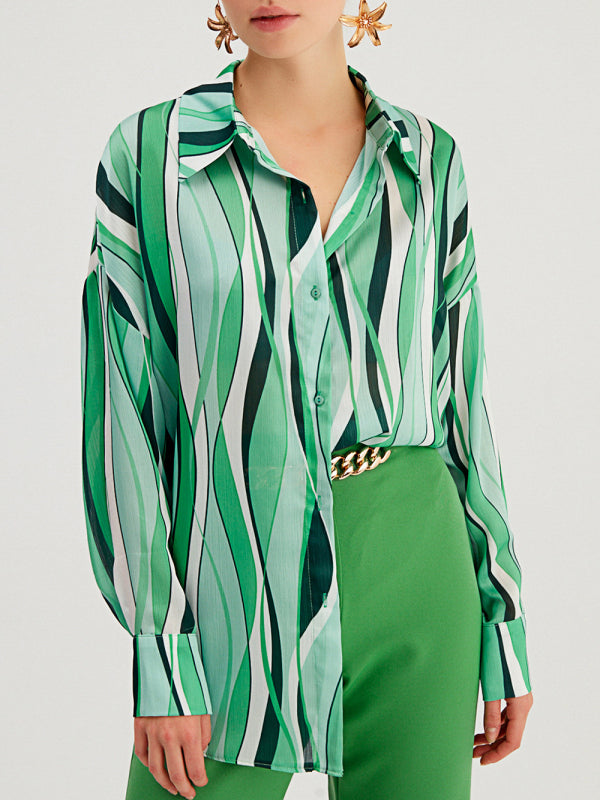 Blue Zone Planet | Shirt Vertical Stripe Loose Cardigan Digital Printing Personality Street Shirt BLUE ZONE PLANET