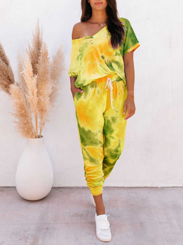 Blue Zone Planet | Women's colorful tie-dye short-sleeved T-shirt + trousers two-piece suit kakaclo