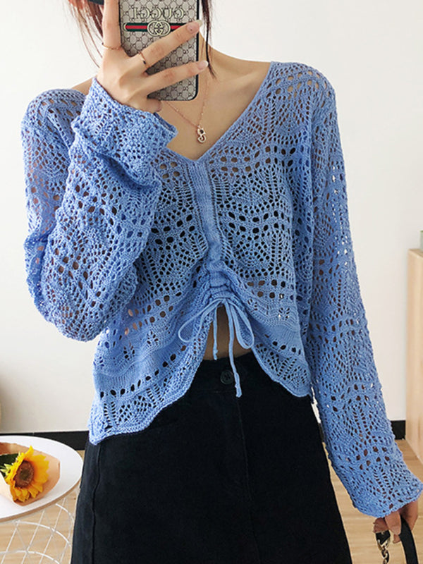 Blue Zone Planet | Long-sleeved mesh summer top drawstring hollow V-neck blouse thin section BLUE ZONE PLANET