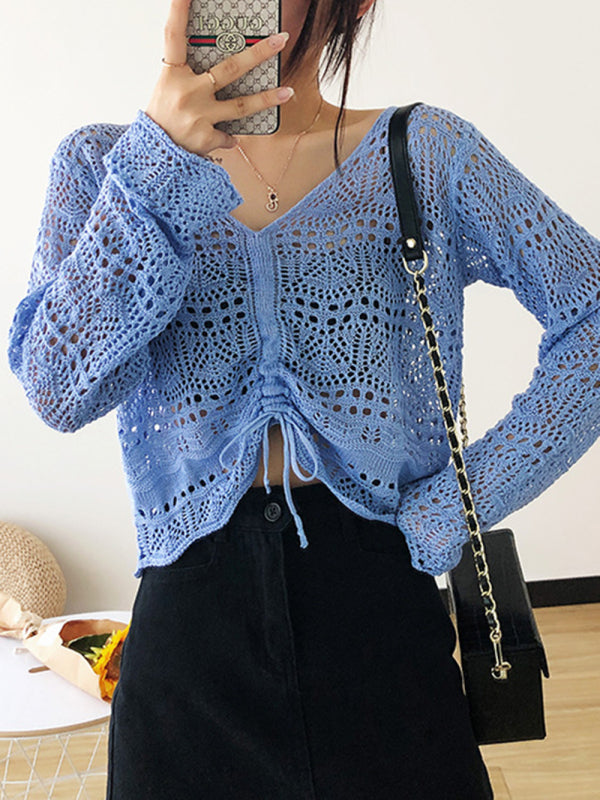 Blue Zone Planet | Long-sleeved mesh summer top drawstring hollow V-neck blouse thin section BLUE ZONE PLANET