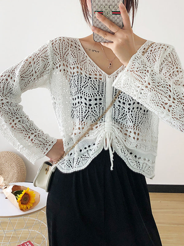 Blue Zone Planet | Long-sleeved mesh summer top drawstring hollow V-neck blouse thin section BLUE ZONE PLANET