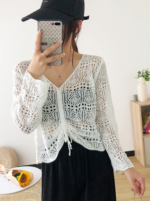 Blue Zone Planet | Long-sleeved mesh summer top drawstring hollow V-neck blouse thin section BLUE ZONE PLANET