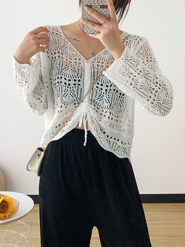 Blue Zone Planet | Long-sleeved mesh summer top drawstring hollow V-neck blouse thin section BLUE ZONE PLANET
