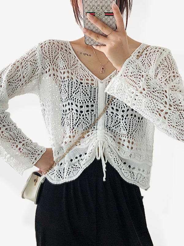 Blue Zone Planet | Long-sleeved mesh summer top drawstring hollow V-neck blouse thin section BLUE ZONE PLANET