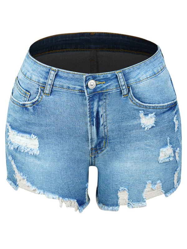 Blue Zone Planet | Summer Ladies High Stretch Skinny Mid Waist Shorts Ripped Jeanst pants BLUE ZONE PLANET