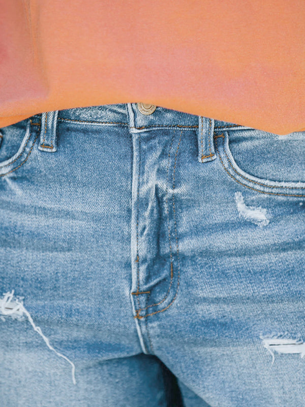 Blue Zone Planet | Summer Ladies High Stretch Skinny Mid Waist Shorts Ripped Jeanst pants BLUE ZONE PLANET