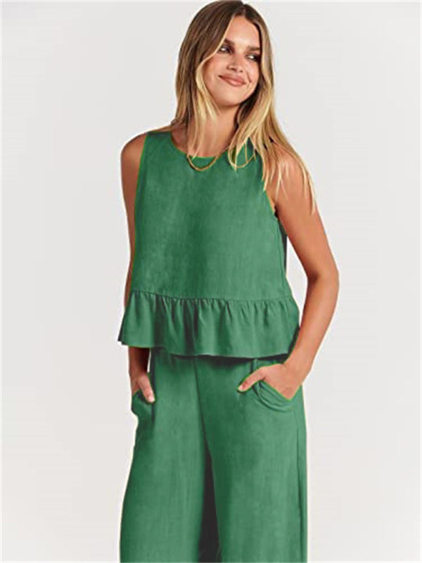 Blue Zone Planet | Sleeveless pleated vest wide-leg cropped pants suit BLUE ZONE PLANET