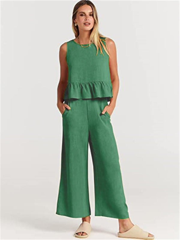 Blue Zone Planet | Sleeveless pleated vest wide-leg cropped pants suit BLUE ZONE PLANET