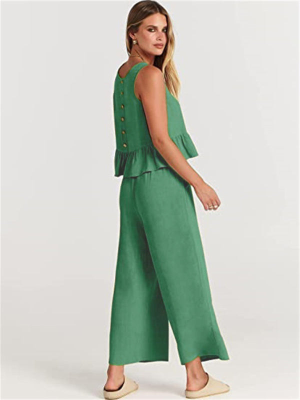 Blue Zone Planet | Sleeveless pleated vest wide-leg cropped pants suit BLUE ZONE PLANET