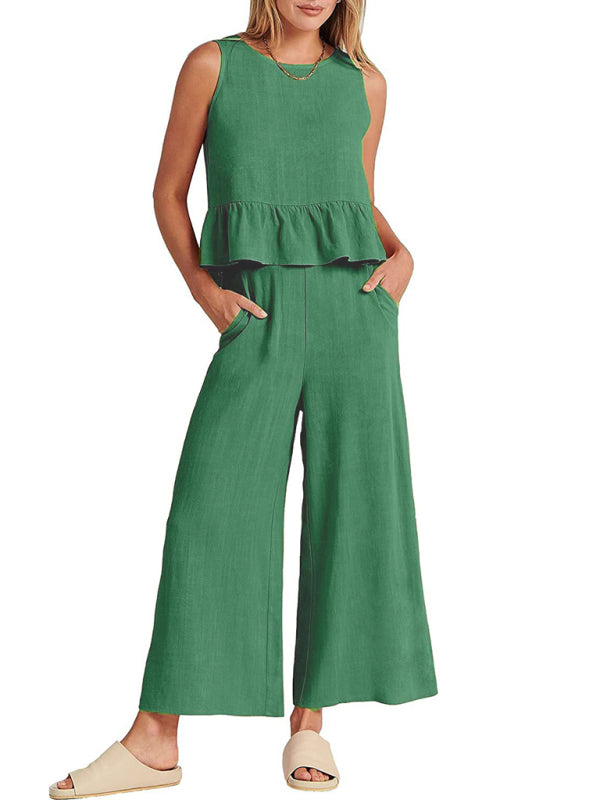 Blue Zone Planet | Sleeveless pleated vest wide-leg cropped pants suit BLUE ZONE PLANET