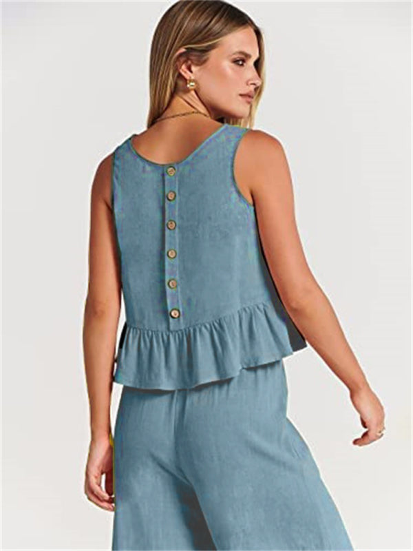 Blue Zone Planet | Sleeveless pleated vest wide-leg cropped pants suit BLUE ZONE PLANET