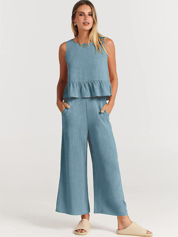 Blue Zone Planet | Sleeveless pleated vest wide-leg cropped pants suit BLUE ZONE PLANET