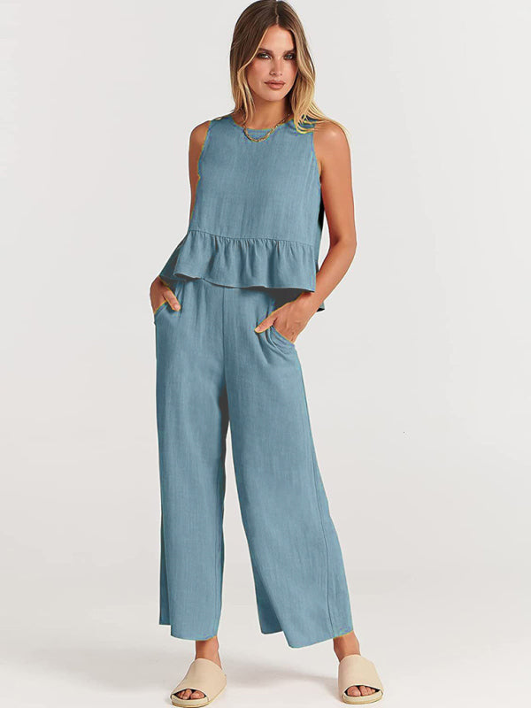 Blue Zone Planet | Sleeveless pleated vest wide-leg cropped pants suit BLUE ZONE PLANET