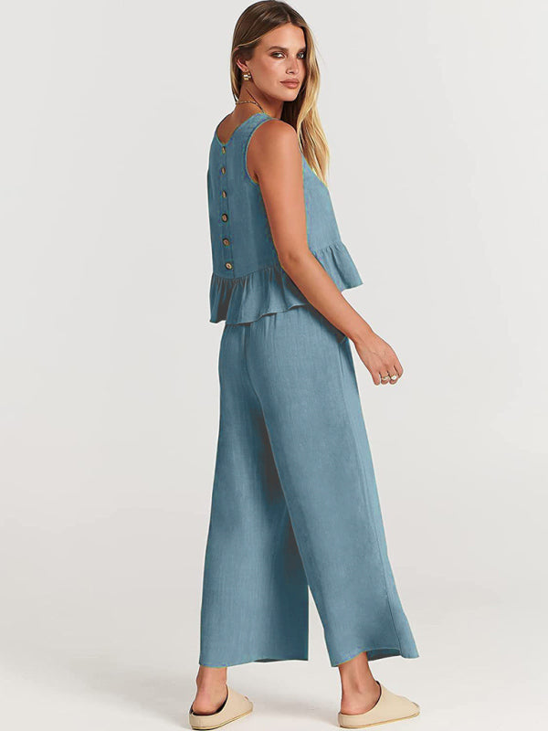 Blue Zone Planet | Sleeveless pleated vest wide-leg cropped pants suit BLUE ZONE PLANET