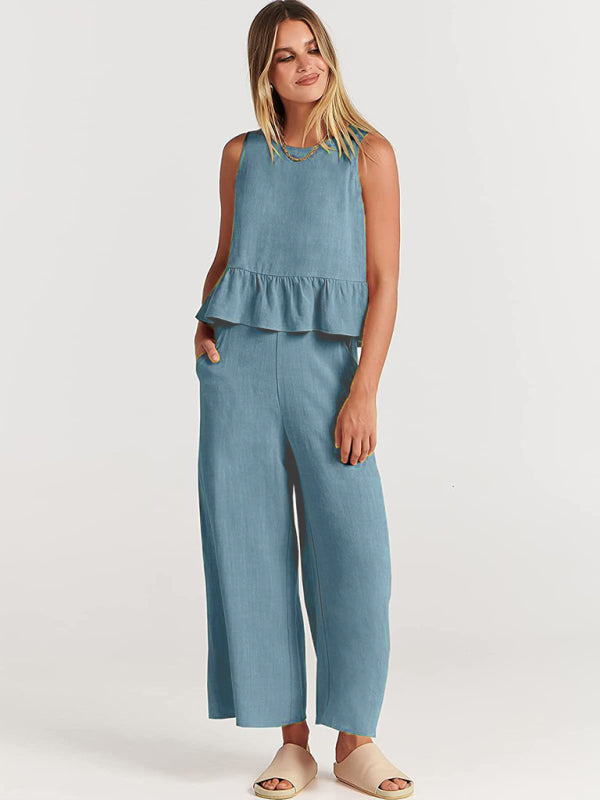 Blue Zone Planet | Sleeveless pleated vest wide-leg cropped pants suit BLUE ZONE PLANET