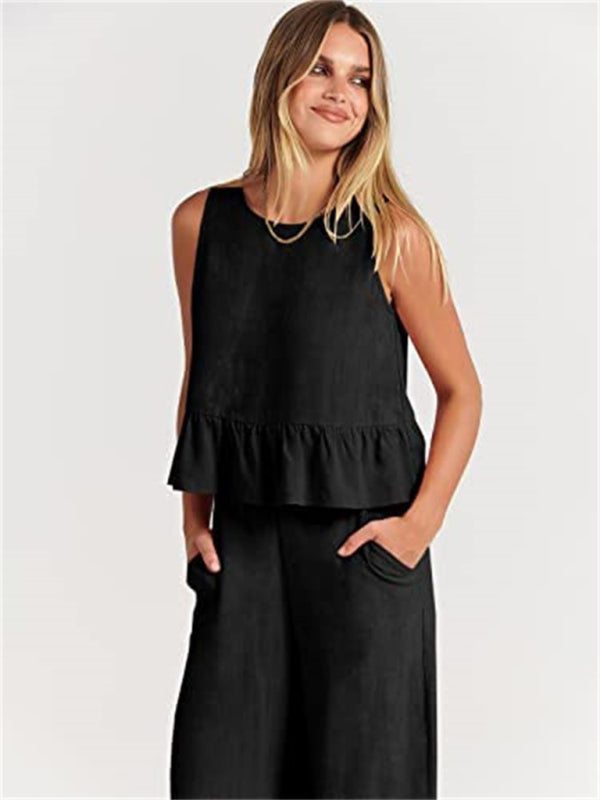 Blue Zone Planet | Sleeveless pleated vest wide-leg cropped pants suit BLUE ZONE PLANET
