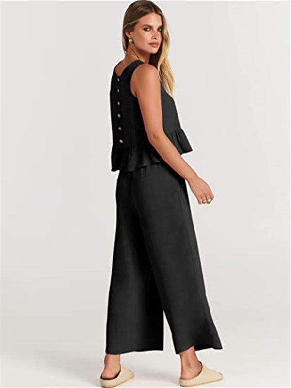 Blue Zone Planet | Sleeveless pleated vest wide-leg cropped pants suit BLUE ZONE PLANET