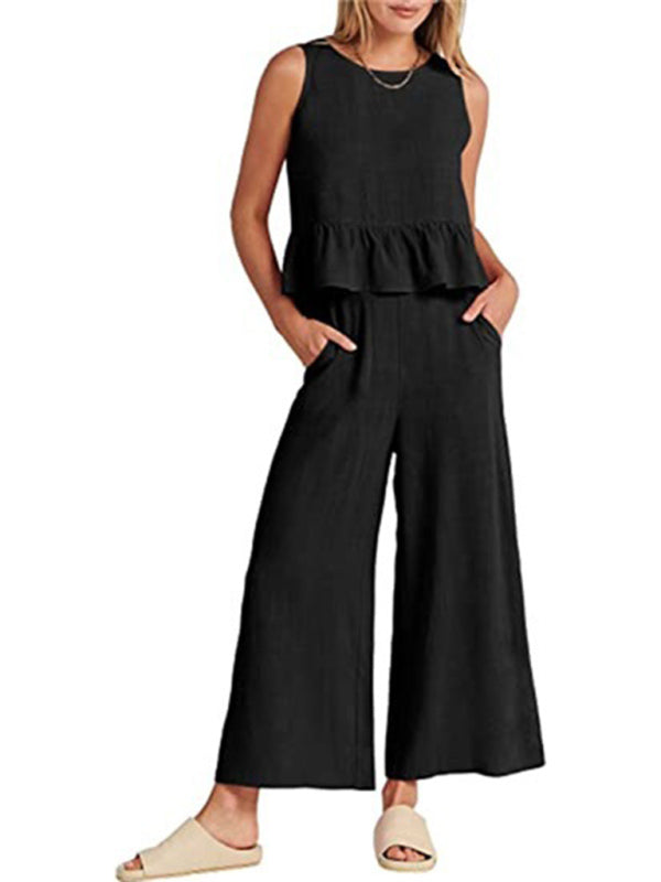 Blue Zone Planet | Sleeveless pleated vest wide-leg cropped pants suit BLUE ZONE PLANET