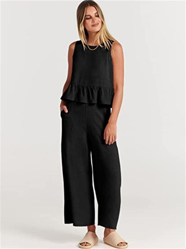 Blue Zone Planet | Sleeveless pleated vest wide-leg cropped pants suit BLUE ZONE PLANET