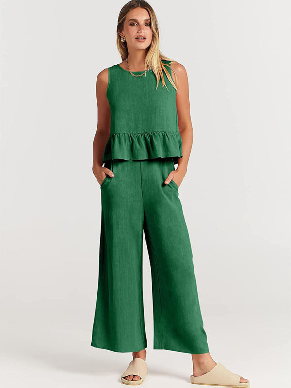 Blue Zone Planet | Sleeveless pleated vest wide-leg cropped pants suit BLUE ZONE PLANET